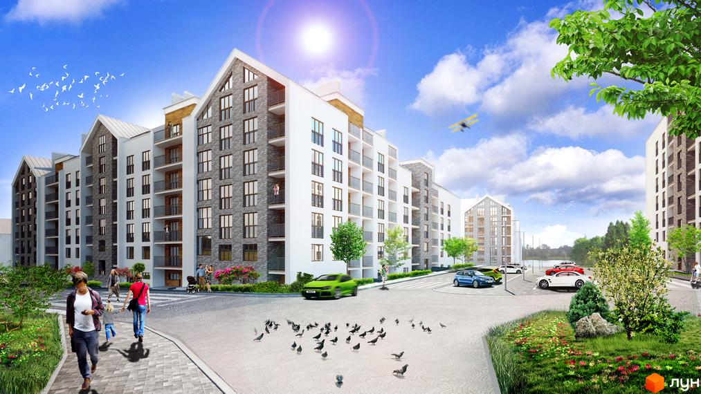 Багатоповерхові будинки Житлового комплексу Гостомель Residence з білими фасадами та сірими вставками. Озеленена прибудинкова територія з доріжками та людьми.