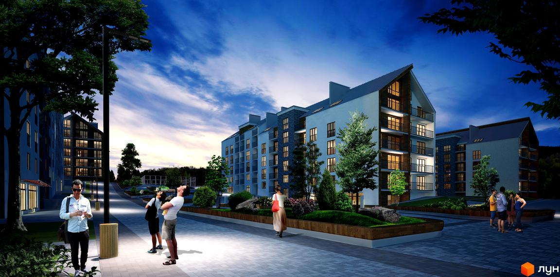 Житловий комплекс Гостомель Residence: будинки зі світлими фасадами, балконами та освітленими вікнами. Прибудинкова територія з доріжками та озелененням.