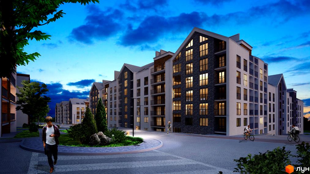 Зображення фасаду та прибудинкової території Житлового комплексу Гостомель Residence. Багатоповерхові будинки з великими вікнами та пішохідною зоною.