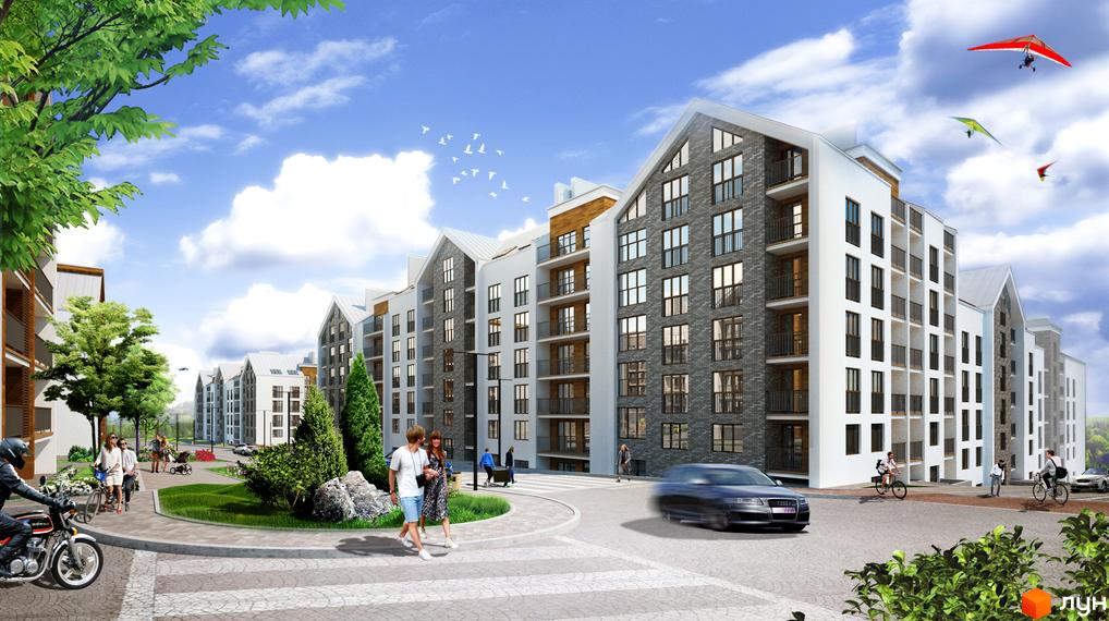 Новобудова Гостомель Residence: будинки з білими та сірими фасадами, балконами та характерними скатними дахами. Прибудинкова територія озеленена, з пішохідними доріжками та людьми.