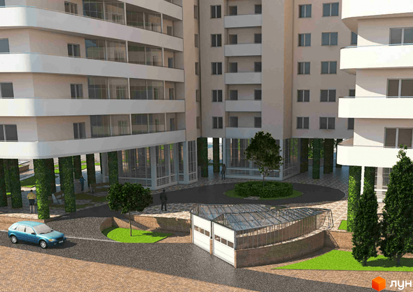 Житловий комплекс Сади Семіраміди. Зовнішній вигляд будівлі з балконами та колонами, прибудинкова територія з дорогою та зеленими насадженнями.