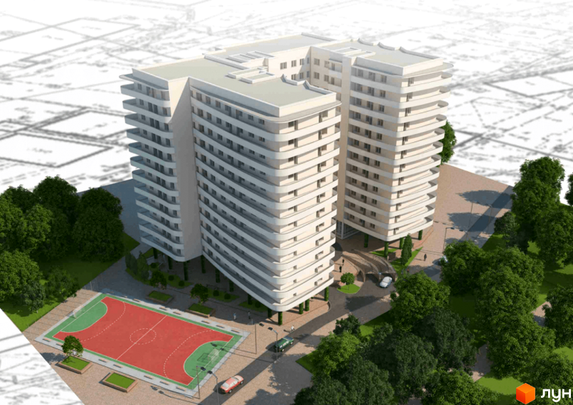 Житловий комплекс Сади Семіраміди. Зовнішній вигляд будівель з вигнутими фасадами та балконами, поруч спортивний майданчик та зелені насадження.