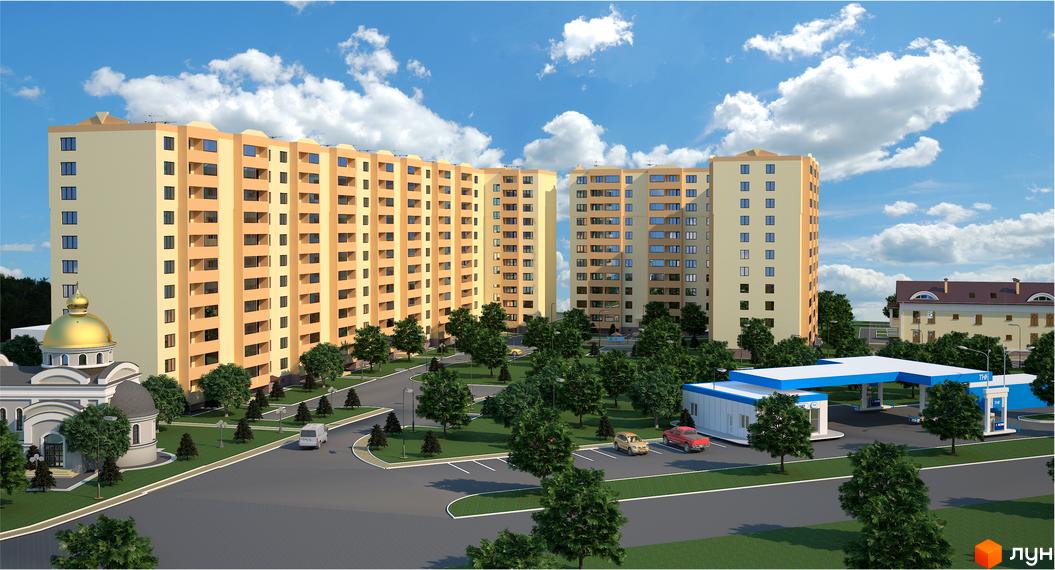 Житловий комплекс Східна Перлина з жовто-бежевими фасадами та золотим куполом церкви. На прибудинковій території розташовані дерева, паркінг та АЗС.