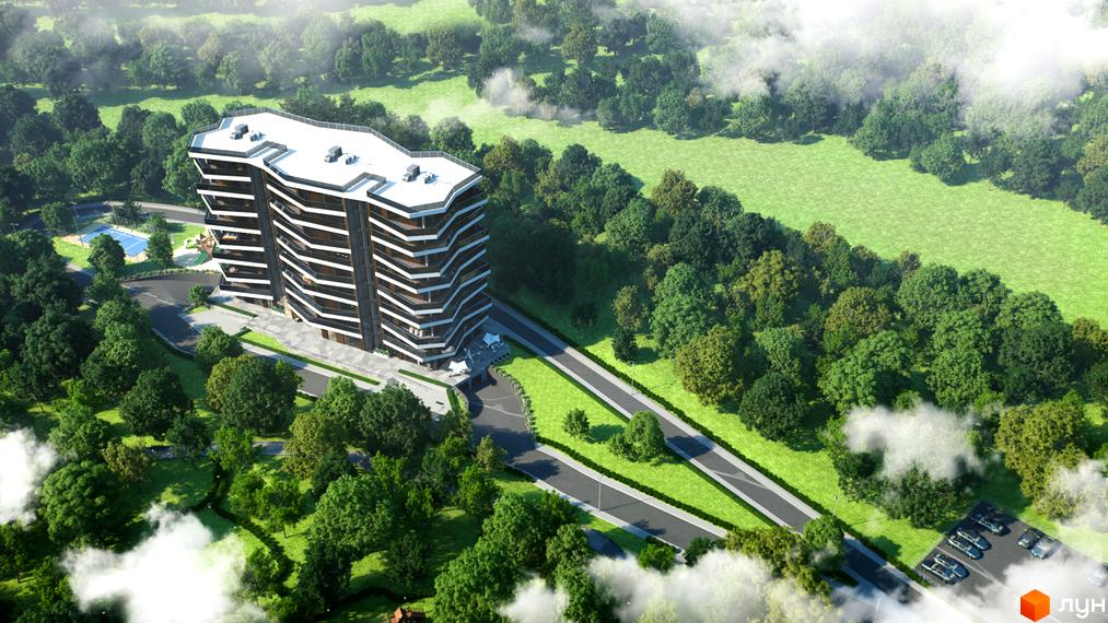 Житловий комплекс Avalon Lux - багатоповерхова будівля з терасами та скляними фасадами, розташована серед зелених насаджень. На території є спортивні майданчики та паркінг.