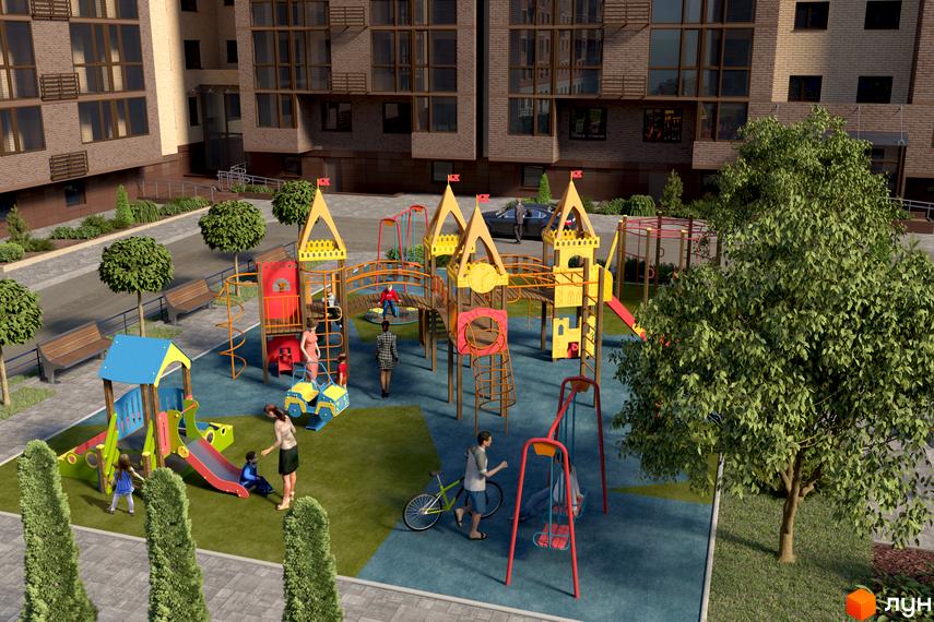 Житловий комплекс Атмосфера: дитячий майданчик з гірками та гойдалками біля цегляних будинків. Територія комплексу озеленена деревами та кущами.