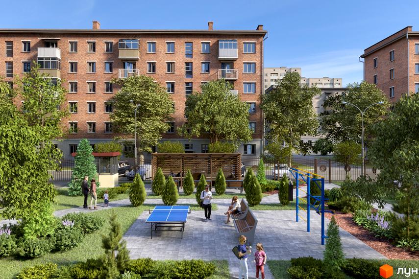 Житловий комплекс Атмосфера. Цегляний будинок з балконами та вікнами. На прибудинковій території розташовані зелені насадження, дитячий майданчик та зона відпочинку.