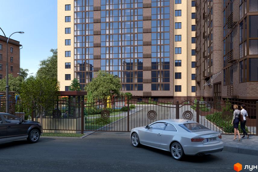 Зовнішній вигляд новобудови ЖК Атмосфера з цегляним фасадом та великими вікнами. Прибудинкова територія з парканом, зеленими насадженнями та дитячим майданчиком.