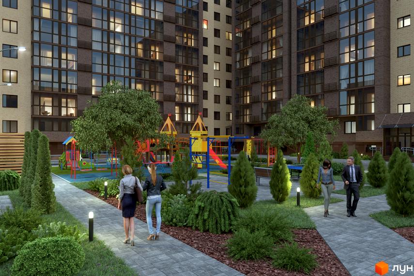 Зовнішній вигляд житлового комплексу Атмосфера з цегляним фасадом та великими вікнами. Прибудинкова територія з дитячим майданчиком та зеленими насадженнями.