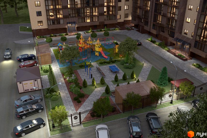 Житловий комплекс Атмосфера: вид згори на сучасну новобудову з дитячим майданчиком та місцями для відпочинку. Прибудинкова територія з зеленими насадженнями та парковкою.