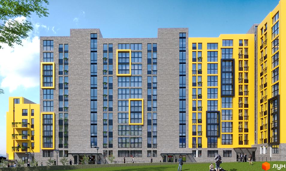Зовнішній вигляд новобудови ЖК Будова Медова з жовтими та сірими фасадами. На прибудинковій території зелений газон та люди.