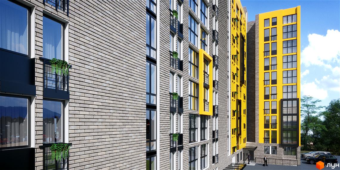 Будівельний проєкт Будова Медова: фасади будівель з сірої цегли та яскраво-жовті секції, вікна, балкони з зеленню. На прибудинковій території припарковані автомобілі.