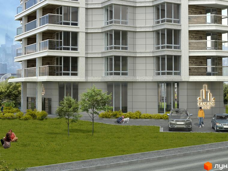 Зовнішній вигляд житлового комплексу Cascade House з балконами та великими вікнами. Прибудинкова територія з зеленим газоном, деревами та людьми.