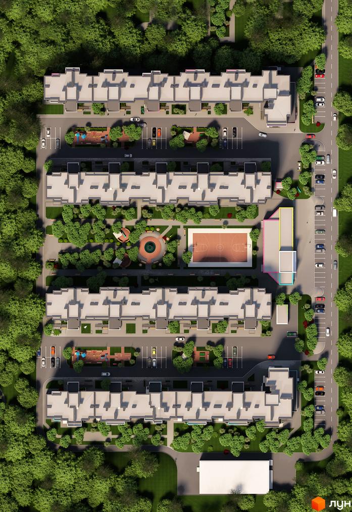 Житловий комплекс Caramel Residence з висоти пташиного польоту. Огляд будинків, баскетбольного поля та дитячих майданчиків.