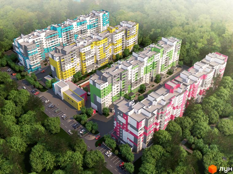 Житловий комплекс Caramel Residence - яскраві багатоповерхові будинки з різнокольоровими фасадами. Навколо зелені дерева та облаштована прибудинкова територія з парковкою.