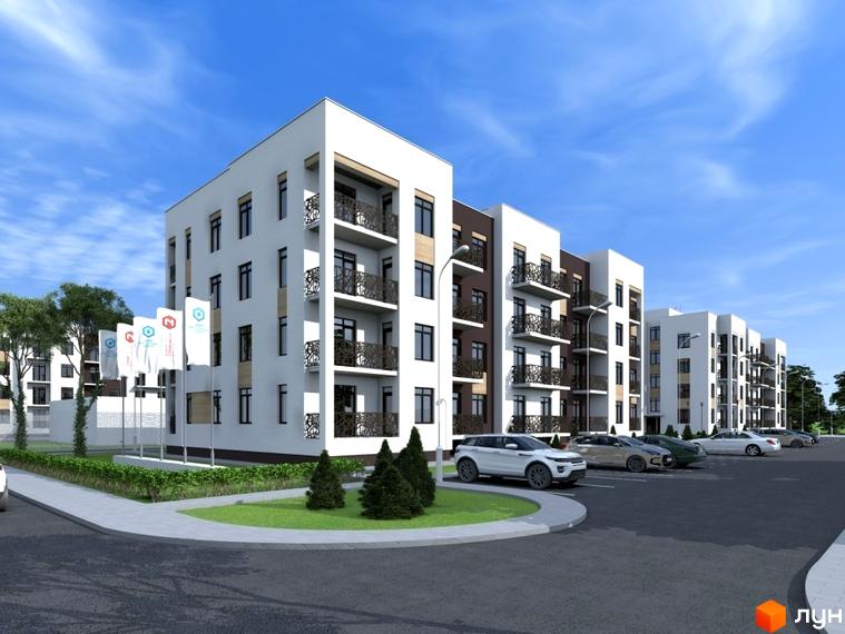 Житловий комплекс Vlasna з білими фасадами та чорними балконами. На території комплексу є парковка для автомобілів та зелені насадження.