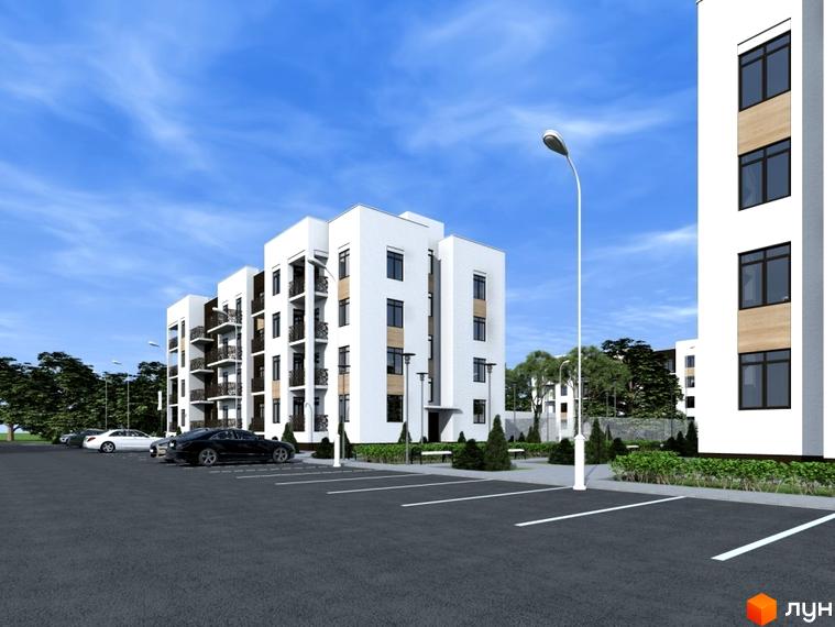 Зображення фасаду будівлі ЖК Vlasna з парковкою та озелененням. Високоповерховий будинок з білими стінами та чорними вікнами, поруч припарковані автомобілі.