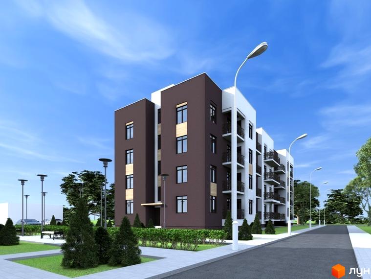 Житловий комплекс Vlasna: багатоповерховий будинок з коричнево-білим фасадом та балконами. Прибудинкова територія з доріжками, зеленню та ліхтарями.