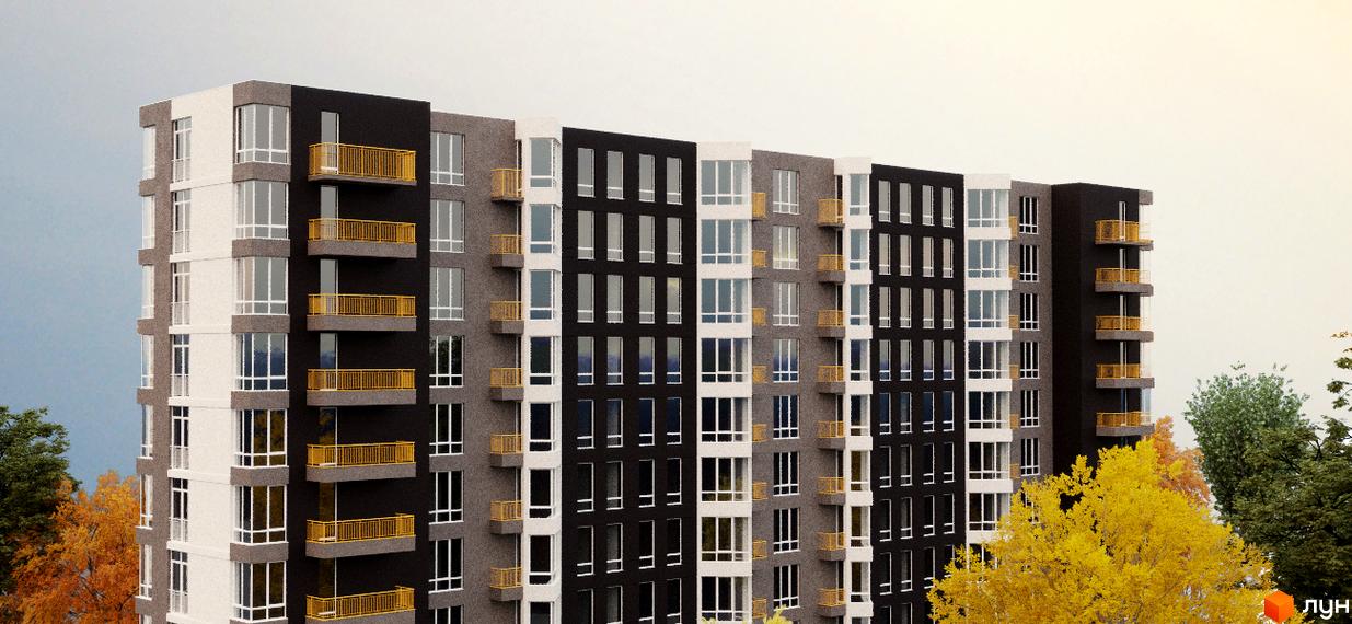 Житловий комплекс Сихівська околиця: багатоповерховий будинок з чорно-сірим фасадом, білими вставками та жовтими балконами. Навколо осінні дерева.