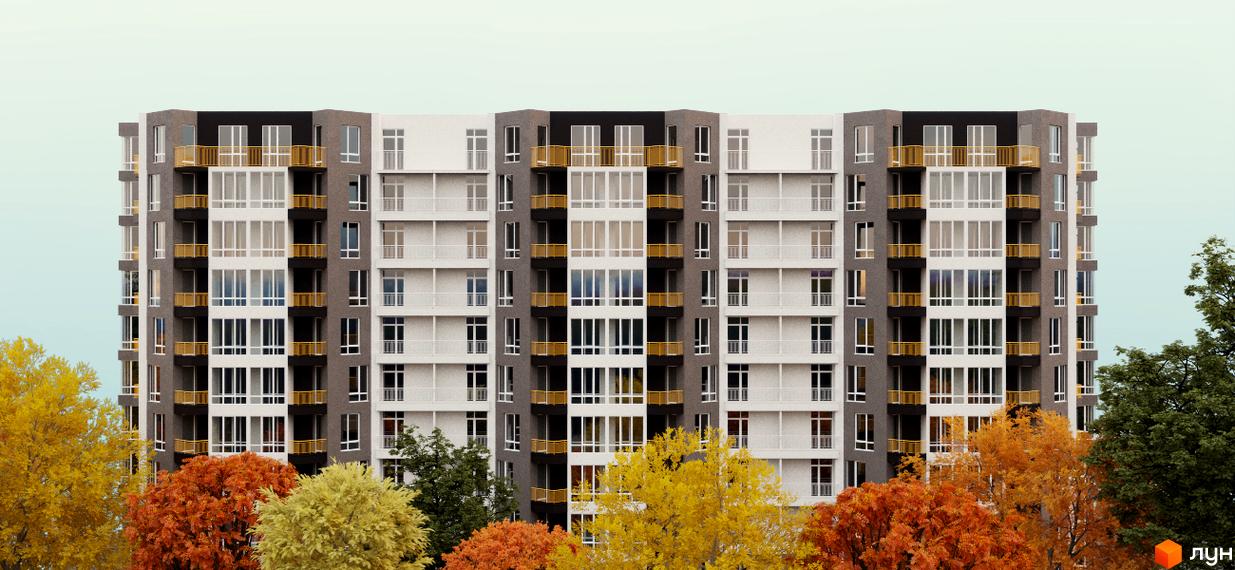 Багатоповерховий житловий будинок з темно-сірими, світло-сірими та білими фасадами, жовтими балконами. Житловий комплекс Сихівська околиця оточений осінніми деревами.