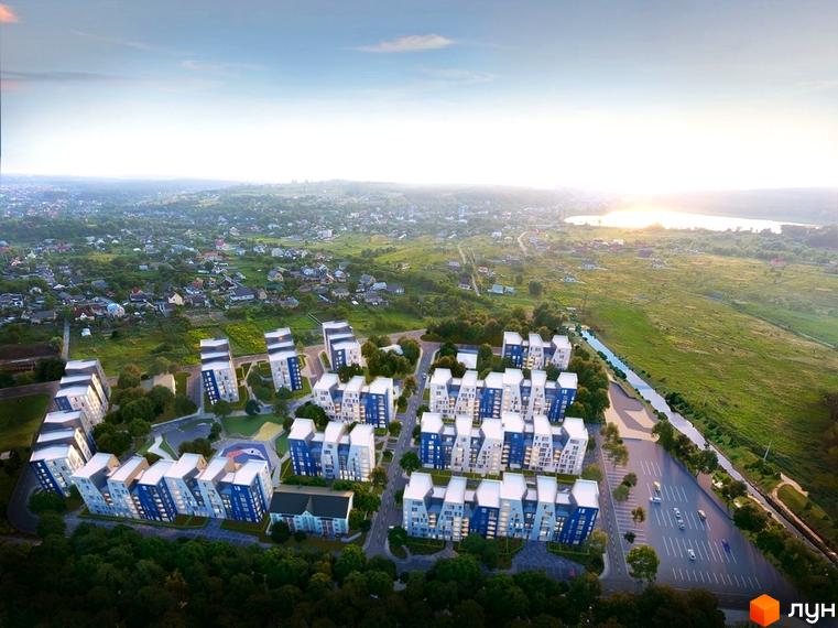 Житловий комплекс Vlasna з сучасною архітектурою, розташований серед зелені. На території комплексу є парковка та доглянута прибудинкова територія.