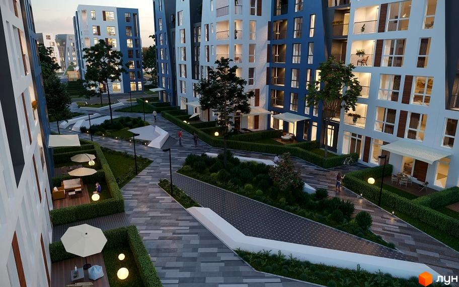 Житловий комплекс Vlasna з сучасним дизайном фасадів. Простора прибудинкова територія з доріжками, газонами та місцями для відпочинку.