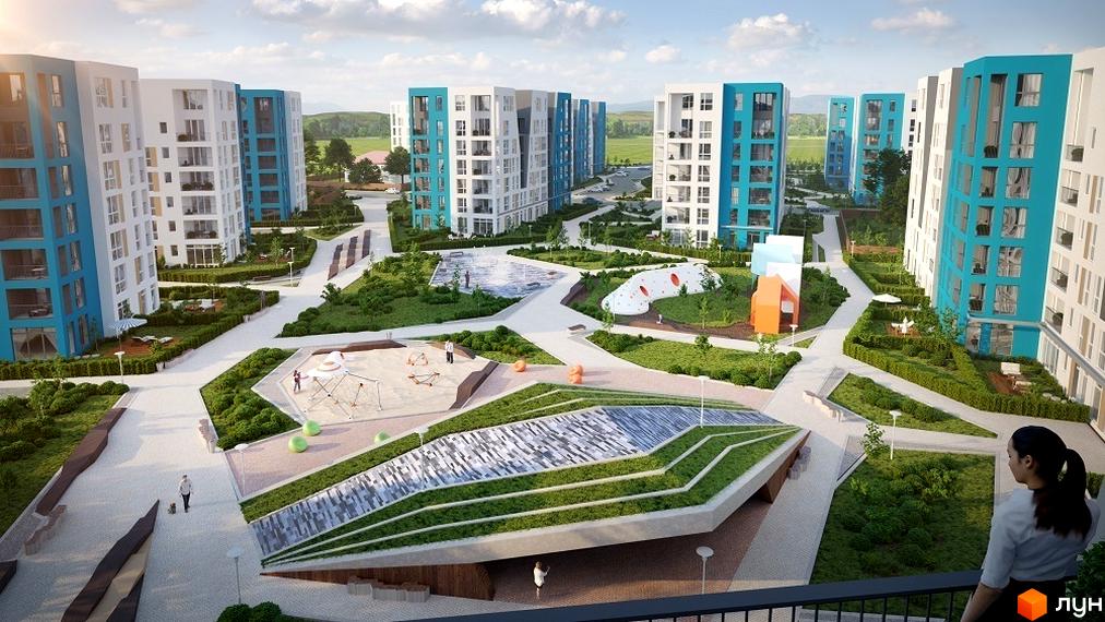 Житловий комплекс Vlasna: світлі багатоповерхові будинки та озеленена прибудинкова територія з доріжками й майданчиками.