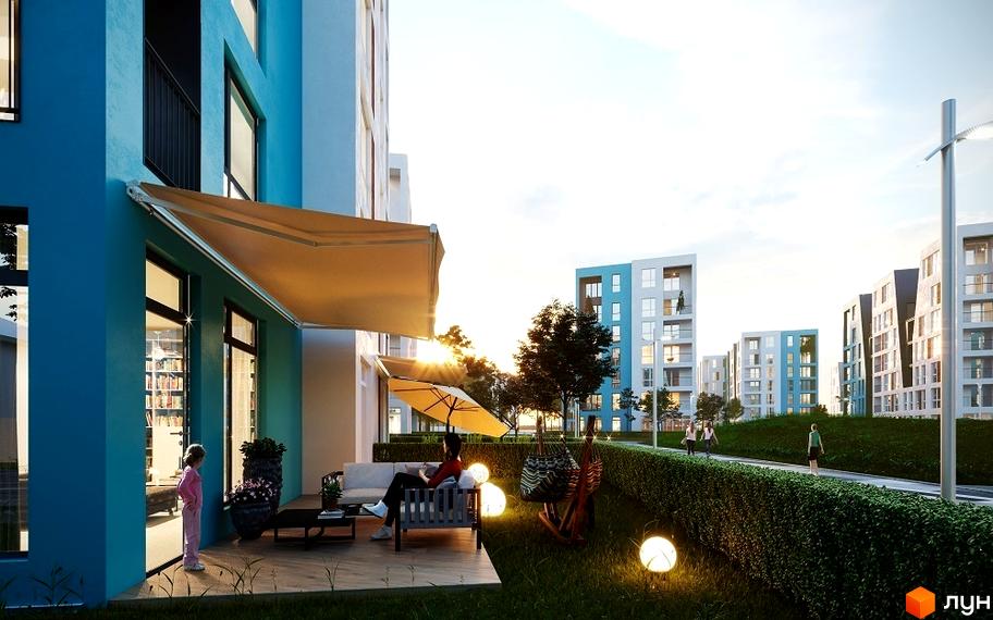 Зображення ЖК Vlasna з блакитним фасадом. На передньому плані тераса з меблями та декоративним освітленням, навколо зелена зона з газоном та деревами.