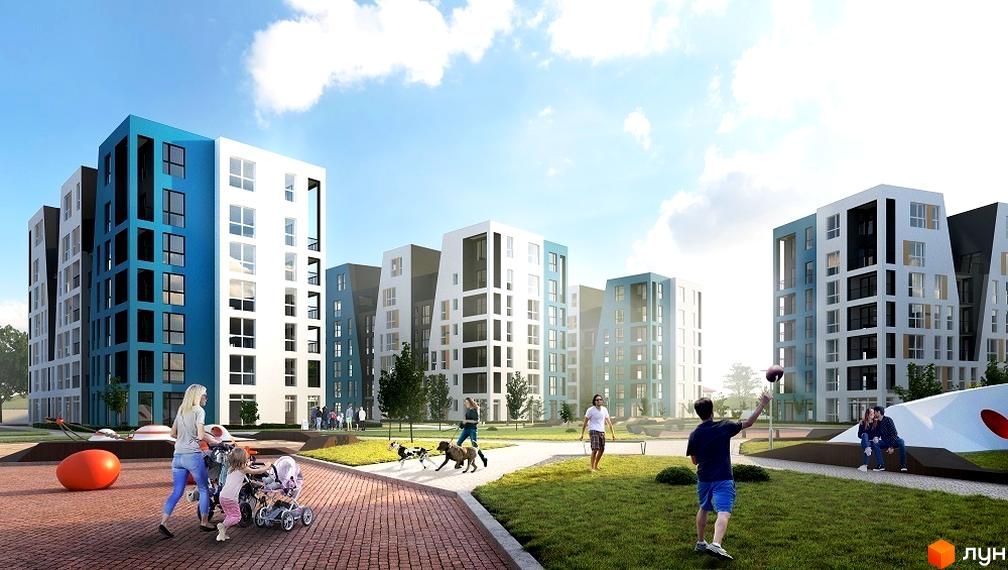 Житловий комплекс Vlasna з сучасними будинками у світлих тонах. На території комплексу є дитячий майданчик та зелені зони для відпочинку.