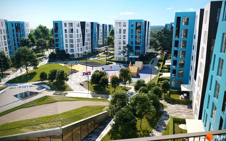 Будинки житлового комплексу Vlasna мають білі та сині фасади з чорними акцентами. На території багато зелених насаджень, дитячий майданчик та фонтан.