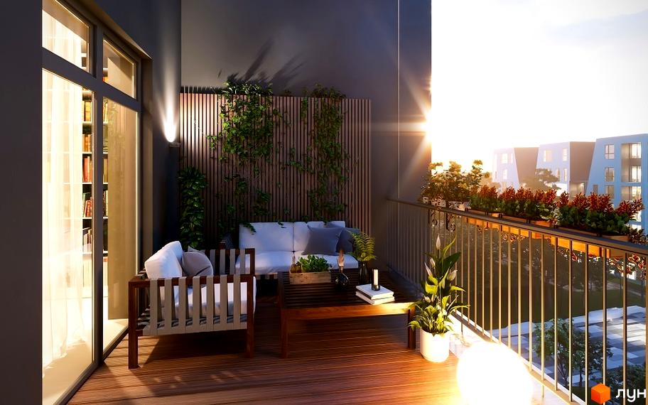 Балкон квартири в Житловому комплексі Vlasna з дерев'яною терасою, меблями для відпочинку та вертикальним озелененням. З балкона відкривається вид на міські будівлі.