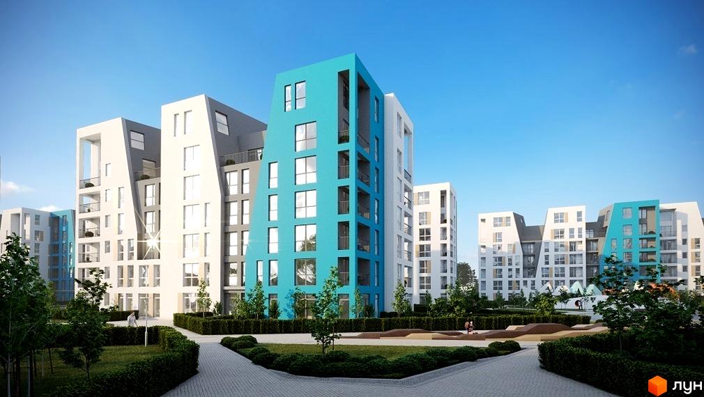 Житловий комплекс Vlasna з яскравими фасадами та великими вікнами. На території комплексу є доглянуті газони, алеї та дитячий майданчик.