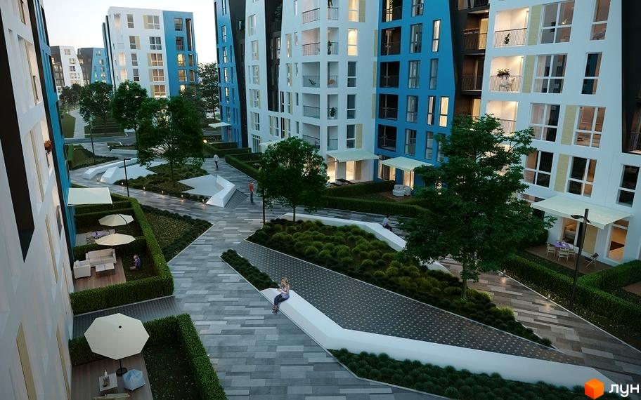 Житловий комплекс Vlasna: багатоповерхові будинки з білими та синіми фасадами. Прибудинкова територія облаштована доріжками, деревами, зеленими зонами та місцями для відпочинку.