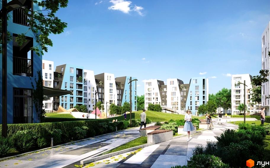 Житловий комплекс Vlasna з будинками білого та блакитного кольорів, які мають незвичайні форми фасадів. Територія облаштована зеленими насадженнями, доріжками та лавками.