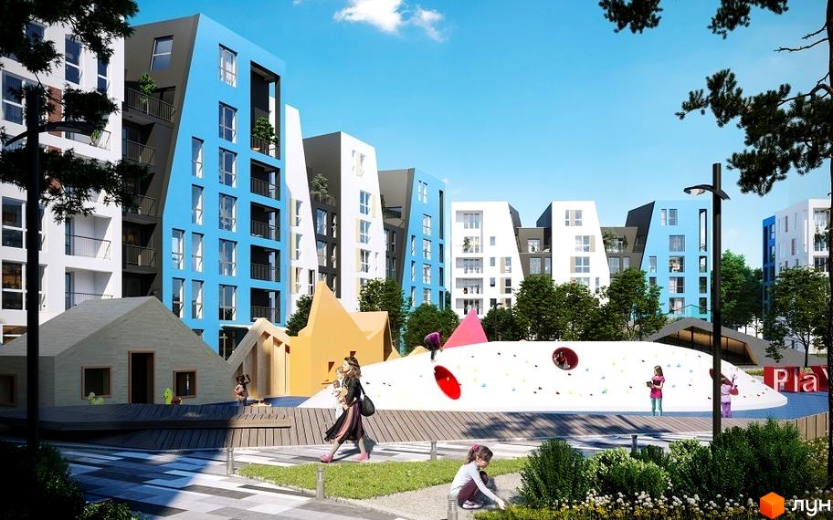 Житловий комплекс Vlasna з багатоповерховими будинками, що мають похилі дахи та синьо-білі фасади, оточений ігровим майданчиком та зеленими зонами.