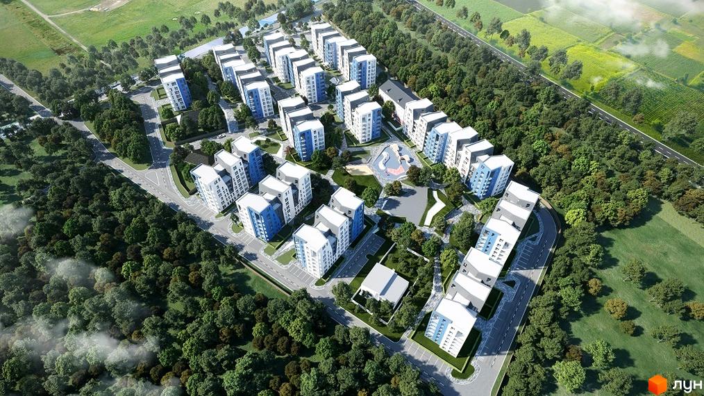 Житловий комплекс Vlasna з сучасними будинками з білими фасадами та синіми вставками. На території комплексу є дитячий майданчик, зелені зони та зручні під'їзди.