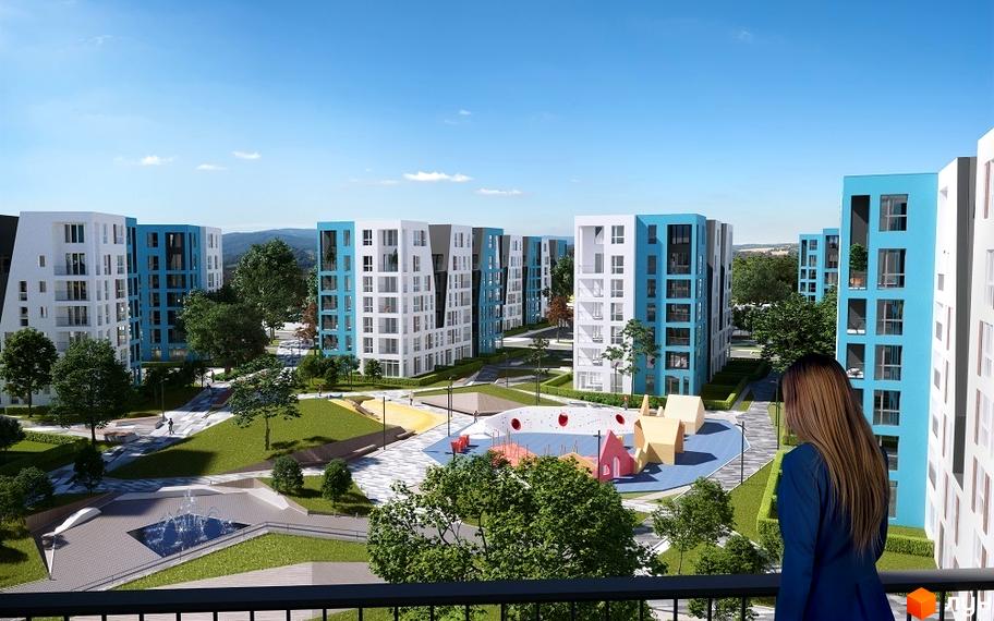 Житловий комплекс Vlasna з сучасними будинками з бірюзовими вставками. На території комплексу є дитячий майданчик, зони відпочинку та зелені насадження.