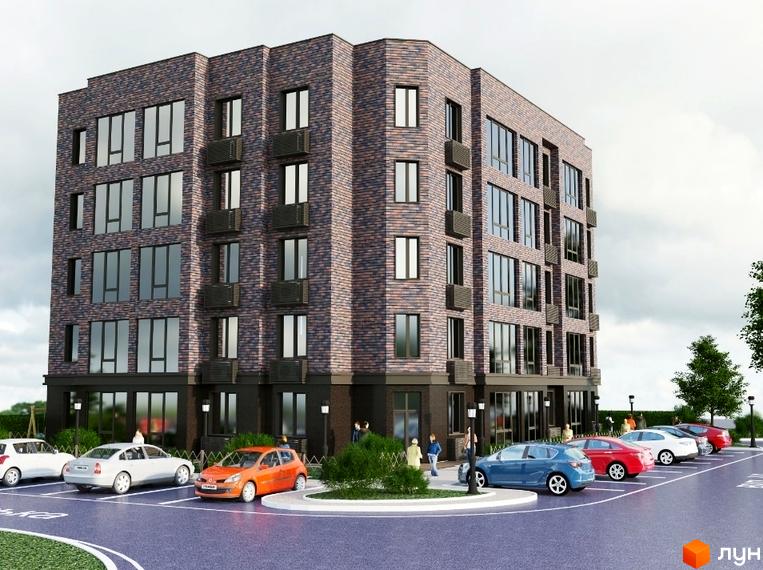 Зображення житлового комплексу Brick House. Цегляний будинок з великими вікнами та балконами. На прибудинковій території є парковка для автомобілів та зелені насадження.