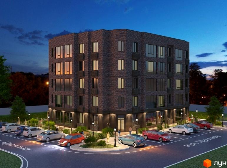 Клубний будинок Brick House: багатоквартирний цегляний будинок з великими вікнами та освітленою прибудинковою територією з парковкою та пішохідними зонами.