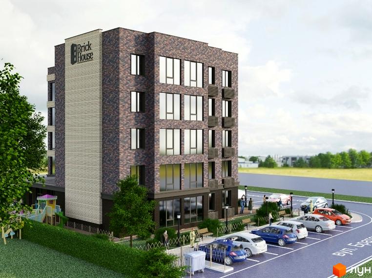 Зображення житлового комплексу Brick House. Багатоповерховий будинок з цегляним фасадом, великими вікнами та кондиціонерами. На території є парковка та дитячий майданчик.