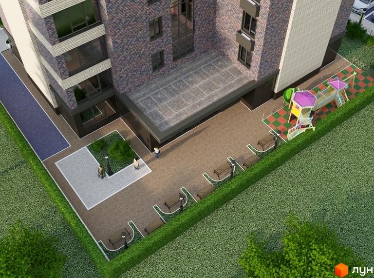 Клубний будинок Brick House з цегляним фасадом та великими вікнами. Прибудинкова територія облаштована дитячим майданчиком, лавками та доглянутими зеленими зонами.