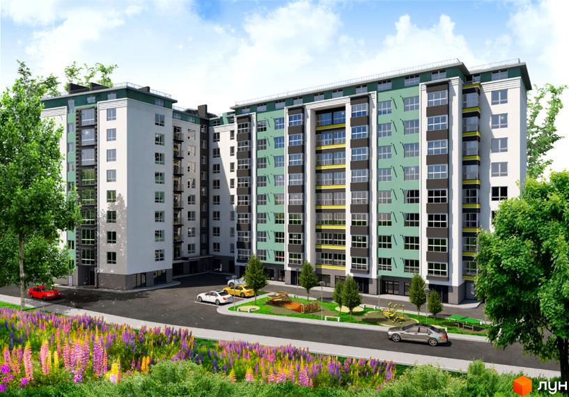 Зовнішній вигляд новобудови ЖК Квартал Гімназійний з багатою прибудинковою територією та квітучими рослинами. Опис фасаду будинку та зеленої зони.