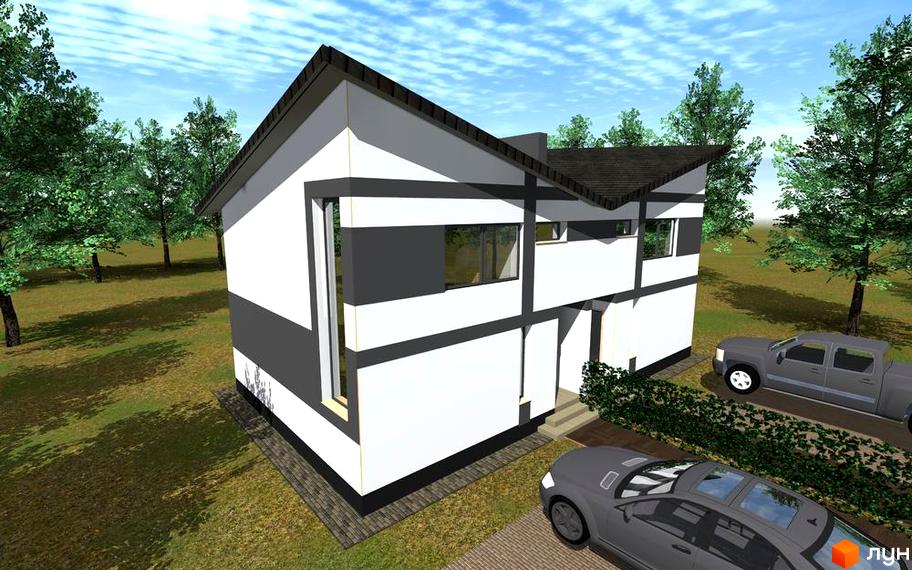 Зовнішній вигляд двоповерхового будинку з сірими та білими елементами фасаду та темним дахом. На прибудинковій території видно дерева та два автомобілі.