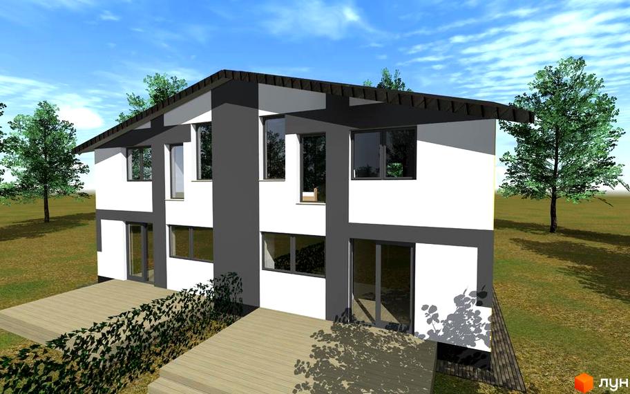 Котеджне містечко КМ Best House: двоповерховий будинок з великими вікнами та терасою, оточений зеленими деревами та доглянутою ділянкою.