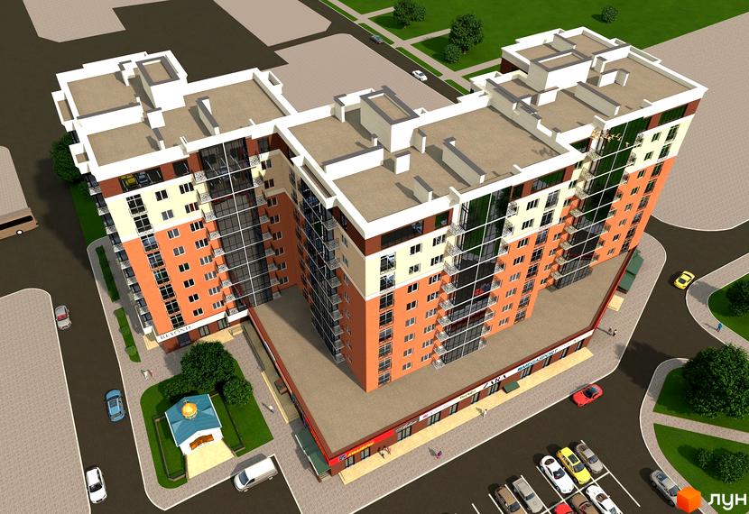 Зовнішній вигляд житлового комплексу Яровиця Life з цегляним фасадом та скляними балконами. На прибудинковій території розташовані зелені насадження та паркувальні місця.