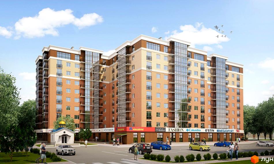 Житловий комплекс Яровиця Life. Багатоповерховий будинок з цегляним фасадом та скляними балконами. Навколо будинку зелені насадження та парковка з автомобілями.