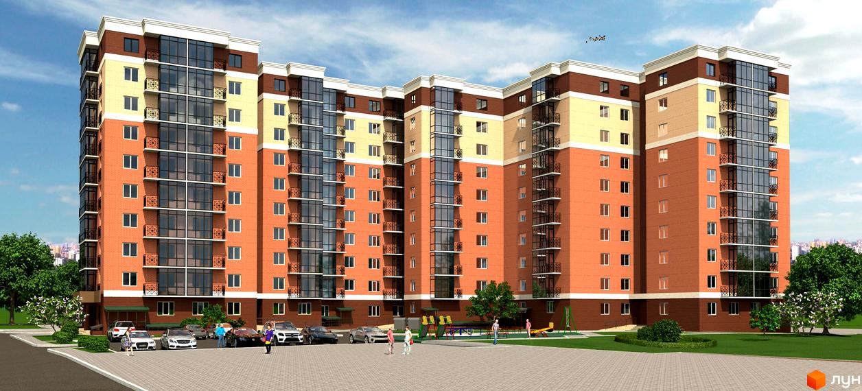 Житловий комплекс Яровиця Life – це багатоповерховий будинок з цегляним фасадом та великими вікнами. Прибудинкова територія облаштована дитячим майданчиком та місцями для паркування.