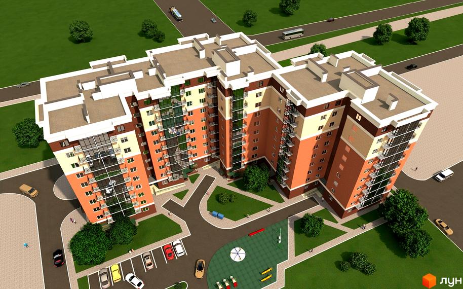 Новобудова ЖК Яровиця Life з цегляним фасадом та скляними балконами. На прибудинковій території розташовані дитячий майданчик та парковка.