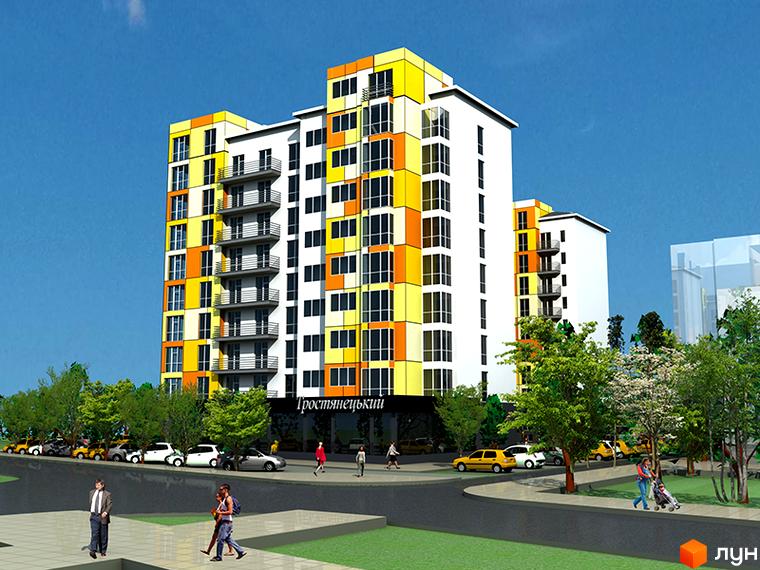 Житловий комплекс Вовчинецький – багатоповерхові будинки з яскравими фасадами та балконами, прибудинкова територія з деревами та припаркованими автомобілями.