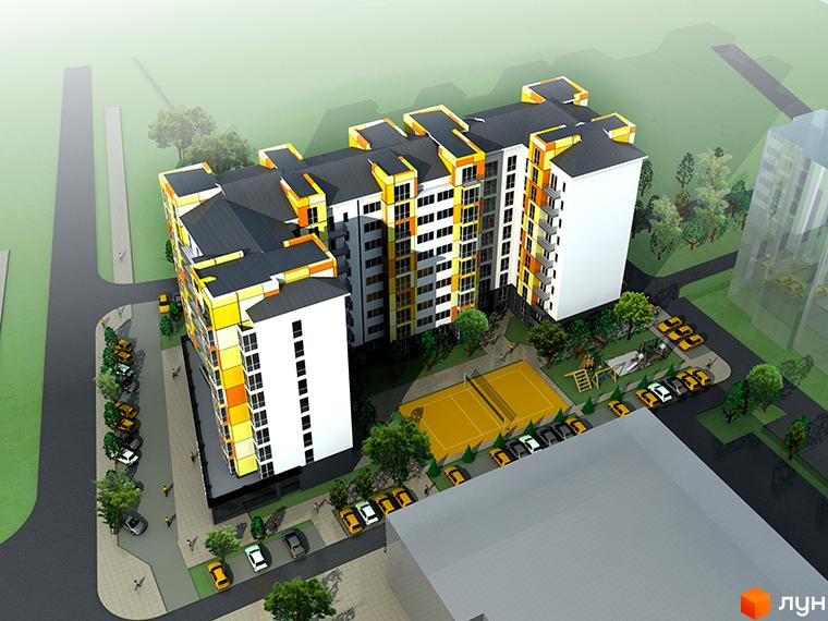 Житловий комплекс Вовчинецький з яскравим фасадом та прибудинковою територією з дитячим майданчиком та спортивними зонами. Фото новобудови.