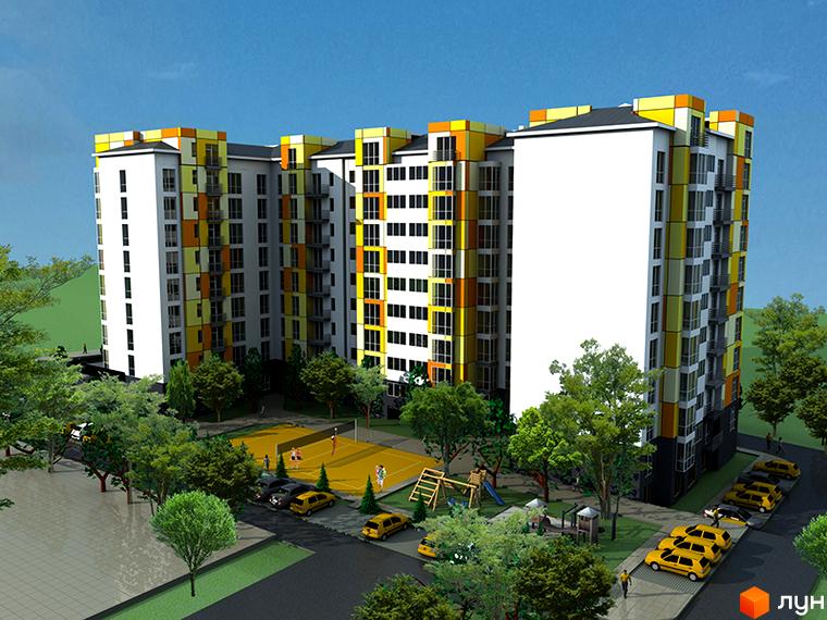 Новобудова ЖК Вовчинецький з яскравим фасадом та спортивними майданчиками. На території комплексу є зони для відпочинку та паркування.